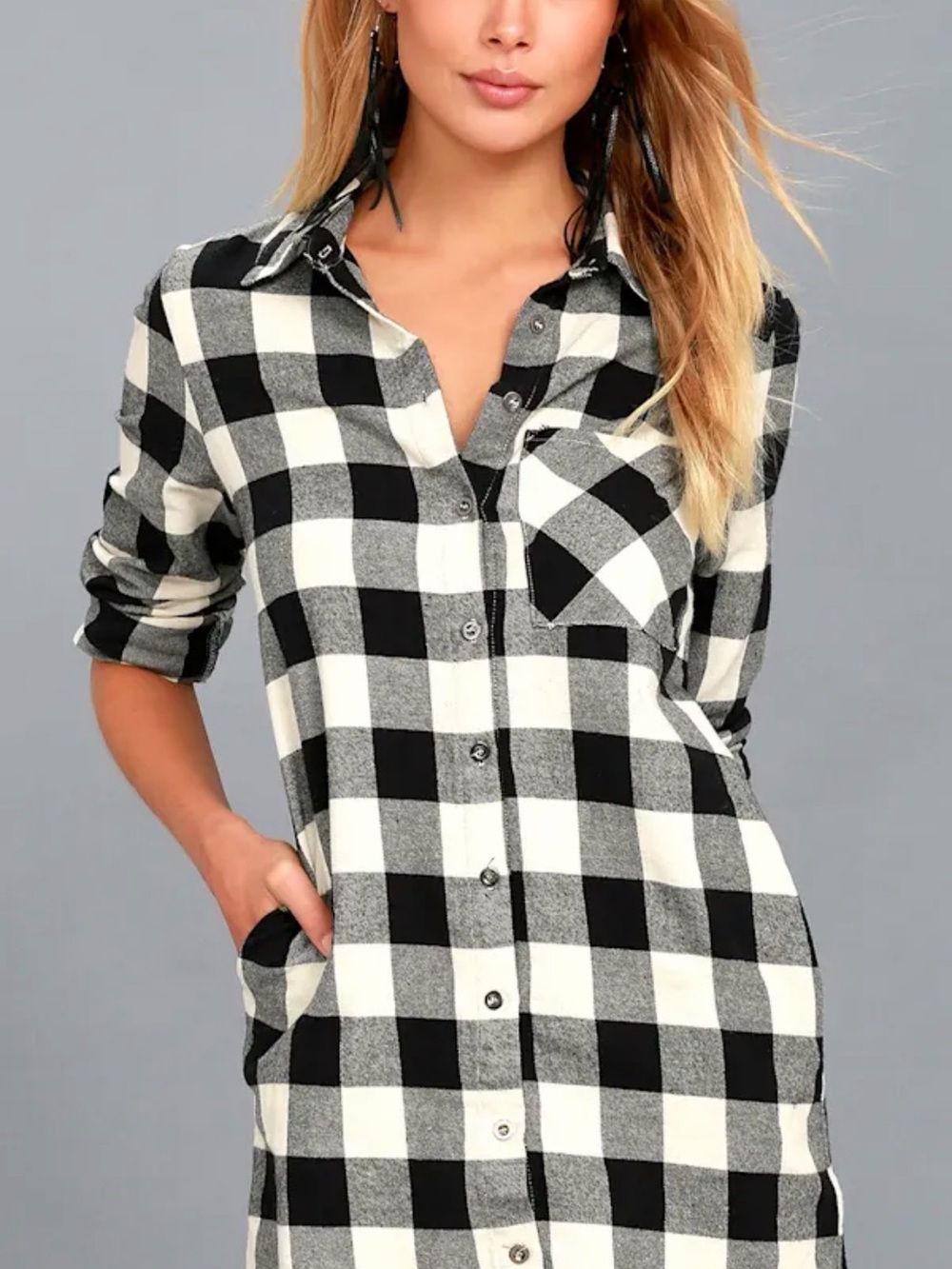 Lulus Black & White Buffalo Plaid Button-Front Shirt Dress